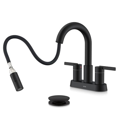 Matte Black Centerset Pull Out Bathroom Faucet 4 Inch 2 Handle 3 Hole | Pull Down Bathroom Faucet with Pop Up Drain & Supply Lines, Lead-Free cUPC & NSF Certified, 3 Hole Faucet for Vanity RV Bar - color: Matte Black