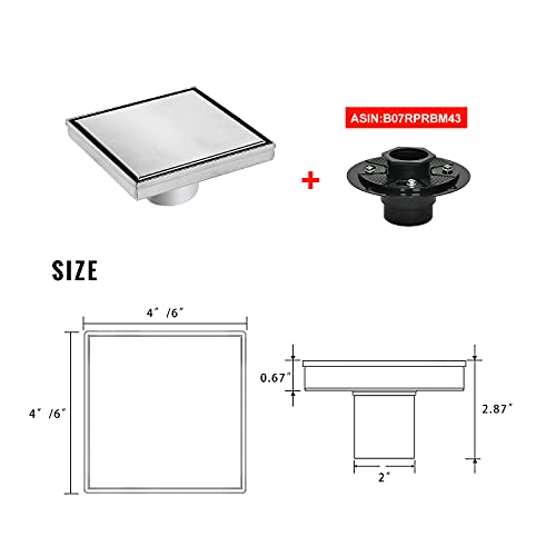 SaniteModar Shower Drain 6 inch Brushed with Flange Tile Insert Panel | AISI 304 Stainless Steel Square Shower Drain Shower Floor Square Drain with Hair Strainer and Lifting Hook