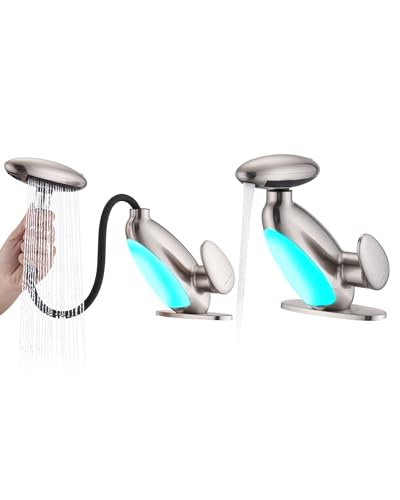 Pull Out LED Bathroom Faucet, 4 Modes Single Handle Waterfall Bathroom Sink Faucet, 3 Colors Light Changing Stainless Steel Bath Faucets, 360° Rotating LED Faucets 1 Hole, 1 Pack, Brushed Nickel - color: Brushed Nickel