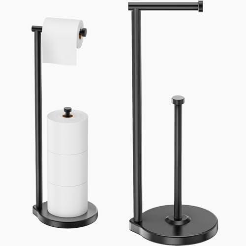 theaoo Heavy-Duty Toilet Paper Holder Stand, Bathroom Storage, Black | Freestanding Toilet Tissue Paper Roll Holder with Reserve Storage. Stainless Steel Stand For Bathroom, Holds Extra Rolls - color: Black