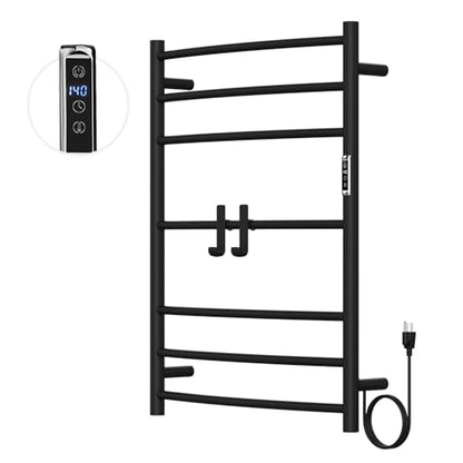 Electric Towel Warmer,8-Hour Timer and Multi-Stage Temperature Adjustment Wall Mounted Towel Rack,Plug-in/Hardwired Stainless Steel Heated Towel bar with 2 Hooks Bathroom SPA(Black, 7-Bar)