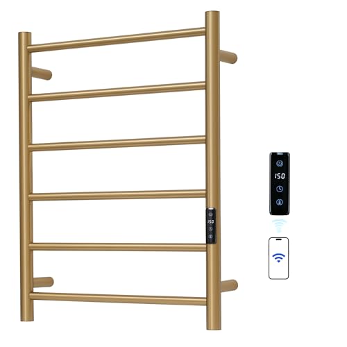 Electric Towel Rack with Voice Control for Alexa & Google Home,TUYA-Wall-Mounted Bathroom Heating Towel Warmer,Plug-in,26.77x20.47x4.39in,Stainless Steel Material,Gold，6 Bars - color: Gold With Wifi, size: 6 Bar