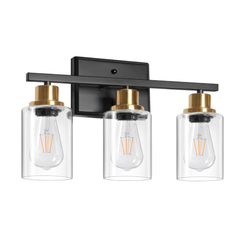 Ascher Bathroom Vanity Light Fixtures, 3 Light Wall Sconces Lighting with Clear Glass Shade, Black and Gold Wall Lights for Mirror, Kitchen, Living Room, Hallway, E26 Base (Bulbs Not Included) - color: Black&Gold, size: 3 Light
