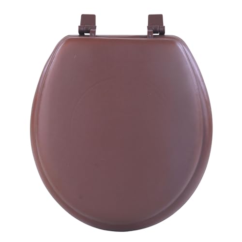 PowerSellerUSA Vinyl Round Soft Toilet Seat, Adjustable Hinges Toilet Seats with Non Slip Grip Tight Bumpers, Standard Heavy Duty Plastic Bathroom Toilet Seat Close Lid Set, Brown - color: Brown - Vinyl, size: 17" Standard