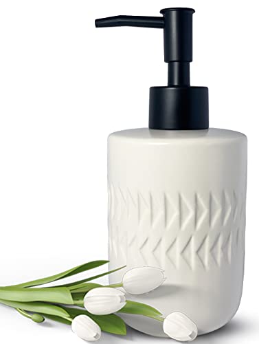 White Soap Dispenser with Matte Black Pump for Bathroom,Cylindrical Lotion Dispenser,12oz Ceramic Relief Hand Dish Soap Dispenser,Refillable Liquid Dispenser for Kitchen (Relief White) - color: Relief White