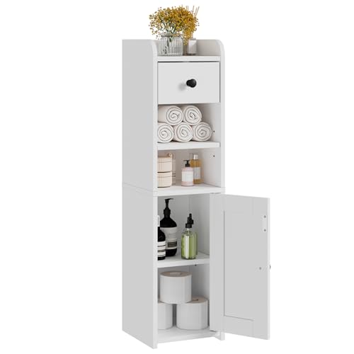 Lomojo Small Bathroom Storage Cabinet with Drawer,7.75L*7.75D*29.6H (White) | Narrow Toilet Paper Holder, Corner Floor with Doors for Small Space, Adjustable Shelf Organizer - color: White