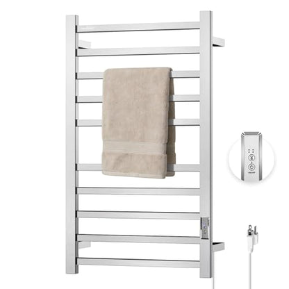 Towel Warmers for Bathroom, 10 Bar Large Heated Towel Rack, Brushed Nickel | Wall Mounted, Built-in 2/4H Timer, IPX4 Waterproof Stainless Steel, Plug-in, Fast Heating Large Capacity for Bathroom Spa Gym