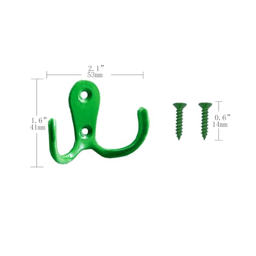 2 Pcs Double Prong Robe Hooks, Dual Coat Hooks Wall Mounted Hanging Clothes for Bathroom Bedroom Door Wall Retro Metal Cloth Hanger Double Coat Hooks with 4 Screws (Green) - color: Green