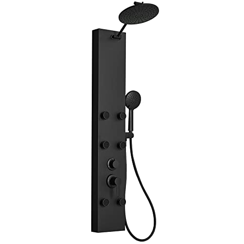 Rainfall Shower Panel Shower Tower System Adjustable Shower Head Round,Stainless Steel with 6 Body Jets Massage, 3 IN 1 Bathroom Shower Wall Mount, Black - color: Black