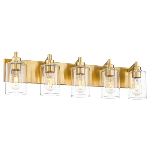 5-Light Brushed Gold Bathroom Vanity Light, Clear Cylinder Glass | 30" modern bathroom light fixtures over mirror, E26 base, bulbs not included, VL143-BG-5 - color: Brushed Gold, Cylinder Glass Shade, size: 5-light