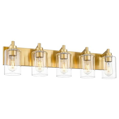 5-Light Brushed Gold Bathroom Vanity Light, Clear Cylinder Glass | 30" modern bathroom light fixtures over mirror, E26 base, bulbs not included, VL143-BG-5 - color: Brushed Gold, Cylinder Glass Shade, size: 5-light