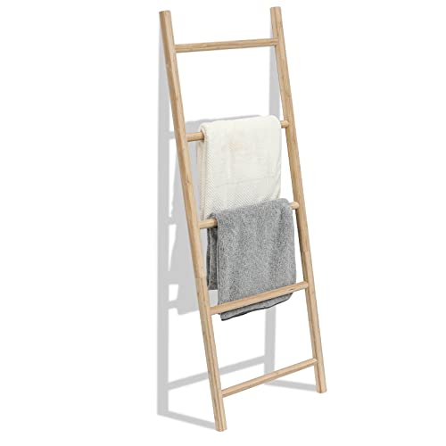 FUIN Blanket Ladder, 57in Rustic Bamboo Decor Quilt Display Rack | 5 rungs, farmhouse living room holder, organize clothing and scarf, leaning wall, bathroom and bedroom use