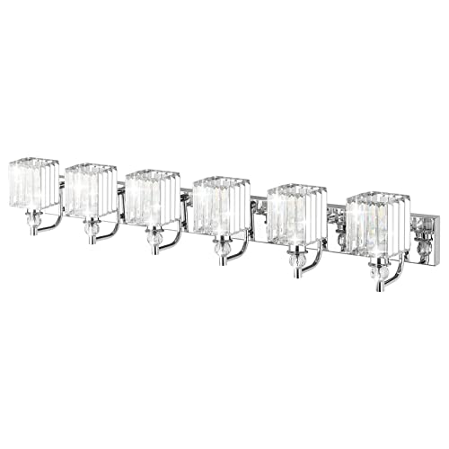 Ralbay Crystal Vanity Light 6 Light 48''Modern Chrome Bathroom Vanity Lighting Over Long Mirror Crystal Bathroom Wall Lighting Fixtures - color: Square-Chrome, size: 48 inch
