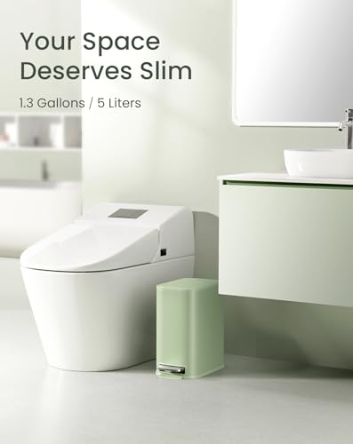 Cesun Small Bathroom Trash Can with Lid Soft Close & Pedal, 1.3 Gal, Green | Removable Inner Bucket, Slim Stainless Steel Garbage Can for Bedroom/Office, Included 5 Trash Bags, Hidden Bag, Built to Last - color: Green