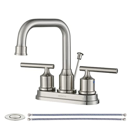 WOWOW Centerset Bathroom Faucet Brushed Nickel: 4 Inch Bathroom Sink Faucets with Lift Rod Drain Assembly Vanity Faucet 2 Handle High Arc Taps Modern - color: Brushed Nickel, style: Centerset - 4 Inch