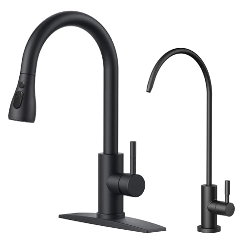 FORIOUS Pull Down Kitchen Faucet and Water Filter Faucet, Matte Black | Single Handle Stainless Steel, Modern Bar Sink Faucet and Drinking Purifier Faucet Set for Kitchen Sink RV Farmhouse Camper - color: Matte Black, style: Modern