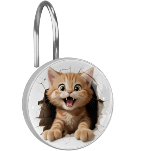 Crystal Glass Shower Curtain Hooks Set of 12, Rustproof Shower Curtain Rings for Bathroom, Funny Cat Decorative Shower Curtain Hangers for Shower Curtain Rod, Bedroom - color: Funny Cat