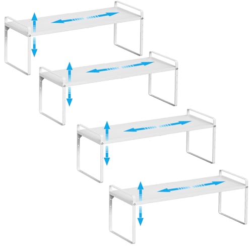 15.5 to 25.5 Inch Kitchen Cabinet Shelf Organizers, Adjustable Kitchen Counter Shelf Organizer, Set of 4 Expandable Countertop Storage Shelves, Stackable Design, 30LBS Heavy Duty, Space Saver - color: White, size: 4 Pack:15.5"-25.5"Long