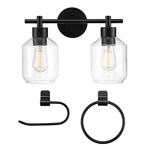 Globe Electric 3-Piece Powder Room Set, Matte Black, 2-Light Vanity with Clear Glass Shades and Matching Hardware, 51850 - color: Matte Black, Clear Glass, 2-Light