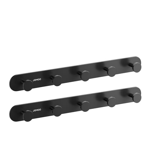 JOMOO 2 Pack Adhesive Wall Hooks for Bathroom, Aluminum Towel Hooks with 5 Hooks Each, No Drill Shower Hooks Heavy Duty 11LBS, Matte Black Robe Hook Rack
