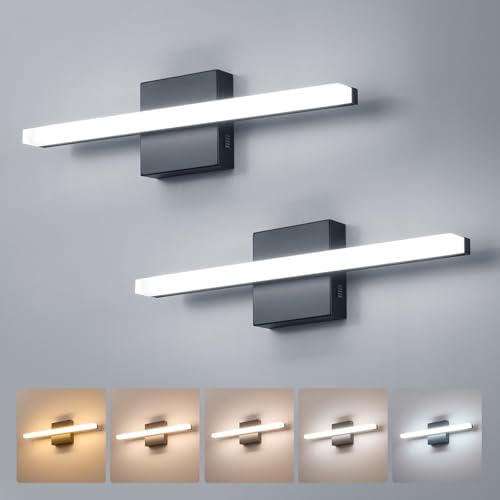 2 Pack Modern Bathroom Light Fixtures Above Mirror Small Vanity Lighting Bar 16Inch, 5 Color Adjustable Black Simple Slim Led Wall Sconce IP44 Rustproof Bright 10W 880LM for Bath Restroom - color: 5CCT-Not Dimmable, size: 16inch-2 pack