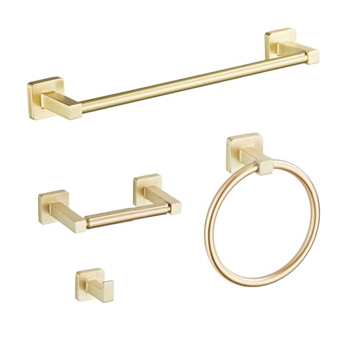 Brusehd Light Gold Bathroom Hardware Set 4 Pieces,Towel Bar Set Stainless Steel Wall Mounted, Includes 16In Hand Towel Bar, Towel Ring, Robe Towel Hooks,Toilet Paper Holder, Bathroom Towel Rack Set… - color: Brusehd Light Gold, size: 16Inch
