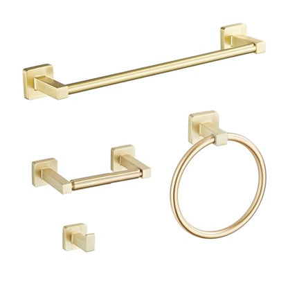 Brusehd Light Gold Bathroom Hardware Set 4 Pieces,Towel Bar Set Stainless Steel Wall Mounted, Includes 16In Hand Towel Bar, Towel Ring, Robe Towel Hooks,Toilet Paper Holder, Bathroom Towel Rack Set… - color: Brusehd Light Gold, size: 16Inch