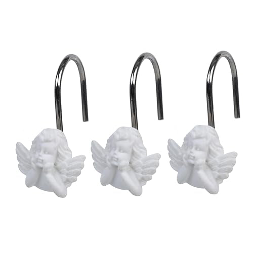 Twofish Home White Angel Shower Curtain Hooks Anti Rust Shower Curtain Hooks Decorative Resin White Angel Shower Curtain Rings Set of 12 - color: White Angel