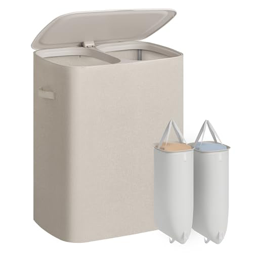 SONGMICS Laundry Basket with Lid, 42.2 Gallons, 2-Compartment Laundry Hamper with Handle, Removable Liner, Easy Assembly, 22 x 15.7 x 27.5 Inches, Cappuccino Beige ULCB822L101 - color: Cappuccino Beige