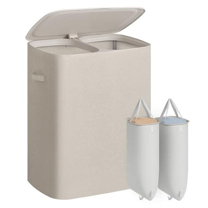 SONGMICS Laundry Basket with Lid, 42.2 Gallons, 2-Compartment Laundry Hamper with Handle, Removable Liner, Easy Assembly, 22 x 15.7 x 27.5 Inches, Cappuccino Beige ULCB822L101 - color: Cappuccino Beige