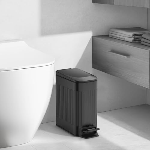 TIPGO Slim Bathroom Trash Can with Lid Soft Close, Step Pedal, 6 Liter / 1.6 Gallon Stainless Steel Trash Bin, Small Garbage Cans for Bedroom, Office, Kitchen (Black) - color: Black