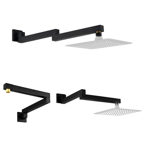 18.5 Inches Straight Extended Pivoting Shower Arm With Flange, Rain Shower Head Extension Arm, Square 360°Swiveling Foldable Shower Arm, Wall-Mounted Matte Black Stainless Steel ﻿