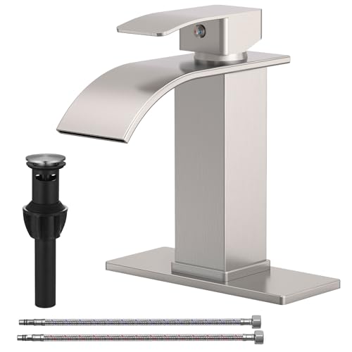 Bathroom Sink Faucet Waterfall Single Handle with Deck Plate | Brushed Nickel,Pop Up Drain,Single Hole,Precise Water Adjustment,Rust-resistant Construction,Easy to Clean,Long-lasting Use - color: Brushed Nickel, size: Modern Bathroom Sink Faucet