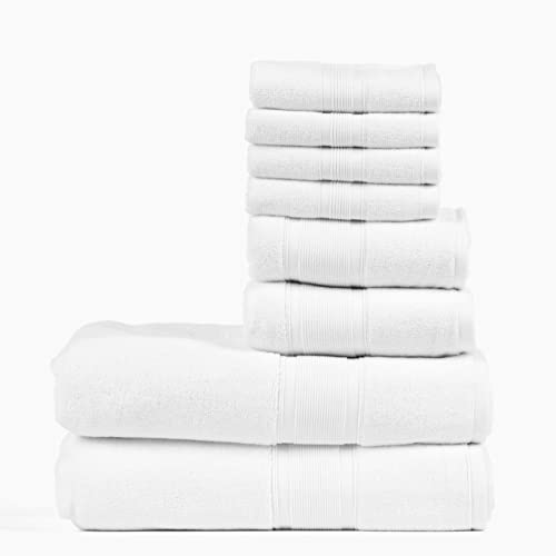 Luzia 8 Piece Bathroom Towel Set - 100% Turkish Cotton, Premium Quality - 2 Bath Towels 2 Hand Towels and 4 Washcloths (White) - color: White