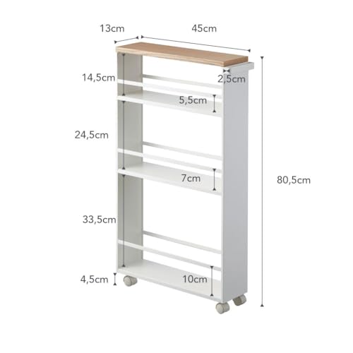 YAMAZAKI home Tower Rolling Slim Storage Cart With Handle White | Narrow kitchen storage cabinet with built-in handle. Slim rolling storage cart with wheels. Easy assembly. Keeps items tidy. - color: White