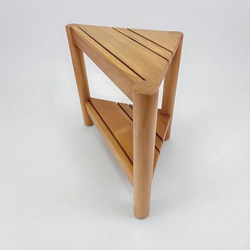 Asta Select Solid Teak Corner Shower Stool, Poratble Teak Wood Spa/Shower/Indoor/Outdoor Stool with Storage Shelf, Teak Wood Shower Corner Table, Teak Accent Table, Fully Assembled, ST-51