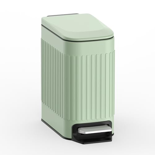 TrashAid Slim Bathroom Trash Can with Lid Soft Close & Pedal, 1.6Gal, Green | Removable Inner Bucket, Stainless Steel Garbage Can, Small Wastebasket for Toilet/Office/Bedroom, Retro Design, Odor Control - color: Green