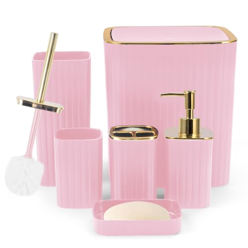 6PCS Bathroom Accessories Set, Pink Bathroom Set for Boho Decor | Includes Toothbrush Holder,Soap Dispenser,Trash Can,Toilet Brush,Soap Dish for Decorative Countertop and Housewarming Gift - color: Pink, size: 6Pcs