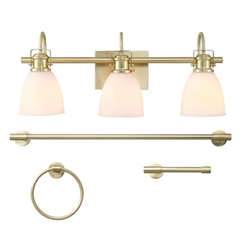 Globe Electric 4-Piece All-in-One Bathroom Set, Matte Brass, 3-Light Vanity Light with Frosted Opal Glass Shades, Towel Bar, Toilet Paper Holder, Towel Ring - color: Matte Brass, Frosted Opal Glass