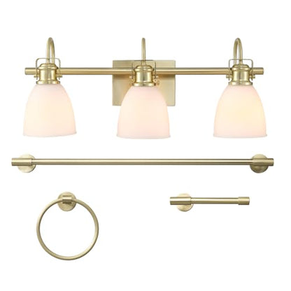 Globe Electric 4-Piece All-in-One Bathroom Set, Matte Brass, 3-Light Vanity Light with Frosted Opal Glass Shades, Towel Bar, Toilet Paper Holder, Towel Ring - color: Matte Brass, Frosted Opal Glass