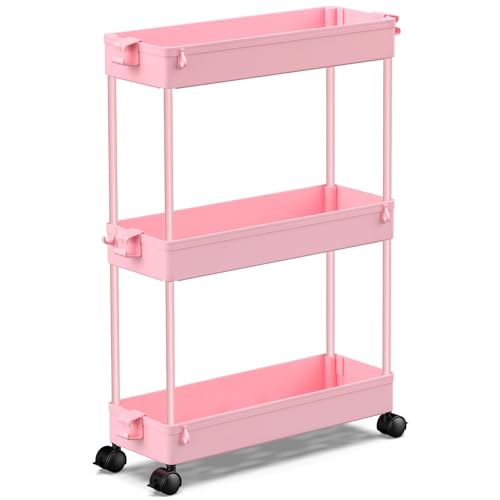 SPACEKEEPER Slim Rolling Storage Cart, 3 Tier Bathroom Cart Organizer, Pink | Narrow Rolling Cart with Wheels for Kitchen Office Bathroom Laundry Room,Mobile Utility Cart for Craft Art Makeup Nail Polish - color: Pink