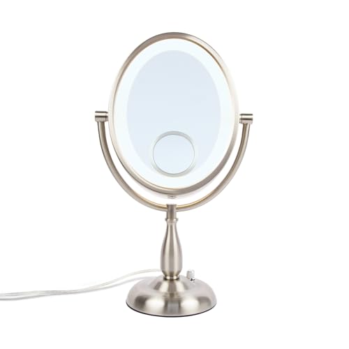 JERDON Lighted Makeup Mirror with 10X Magnification - Nickel - HL9510NL | Two-Sided 1X View, 8" x 10" Oval Frame, 15X Spot Mirror, 17.5" Tall - color: Nickel Tabletop