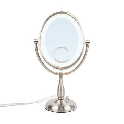 JERDON Lighted Makeup Mirror with 10X Magnification - Nickel - HL9510NL | Two-Sided 1X View, 8" x 10" Oval Frame, 15X Spot Mirror, 17.5" Tall - color: Nickel Tabletop