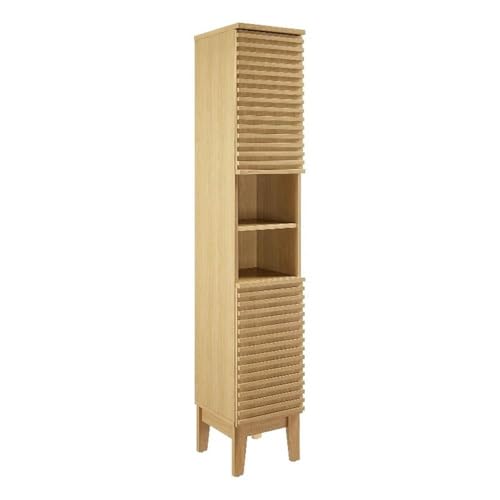 Modway Render Tall Narrow Bathroom Storage Tower in Oak - 63” Freestanding Linen Cabinet with Open Shelves and 2 Soft-Close Doors - Slim Towel and Makeup Organizer
