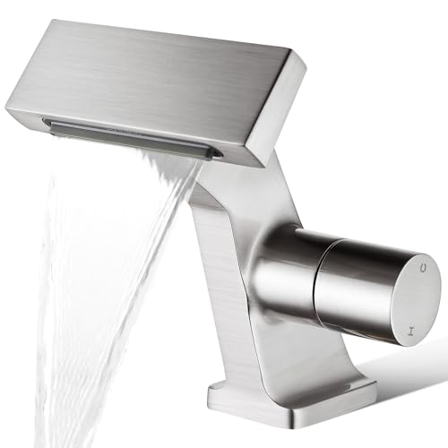 BAKALA Bathroom Sink Faucets Brushed Nickel, Waterfall Bathroom Faucet 1 Hole, Single Handle Brass Bathroom Faucet Deck Mount with 2 Supply Hoses for Basin Lavatory Vanity - color: Brushed Nickel