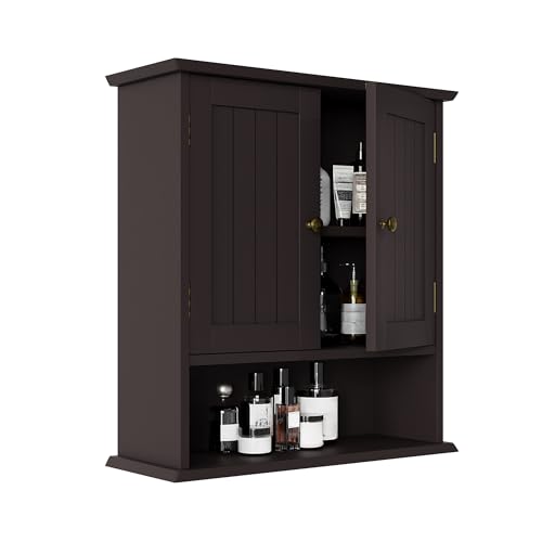 Smuxee Brown Bathroom Cabinet Wall Mounted, Small Medicine Cabinet with 2 Door Adjustable Shelves, Wall Cabinet Over Toilet for Laundry Room Kitchen - color: Brown Small