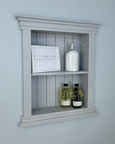 14x18 Elliot Craftsman Recessed Wood Wall Niche, Open Medicine Cabinet Replacement, in Wall Bathroom Cabinet Insert Shelves, Made in North America, NO MDF, Beadboard, Light Gray - color: Light Gray Beadboard