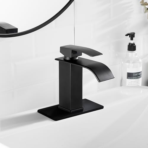 Sagetta Waterfall Bathroom Sink Faucet Single Hole Black with Three Hole Cover Deck Plate, Pop up Drain and Water Hoses Stainless Steel Vanity - color: Black, style: 1