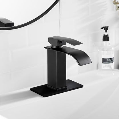 Sagetta Waterfall Bathroom Sink Faucet Single Hole Black with Three Hole Cover Deck Plate, Pop up Drain and Water Hoses Stainless Steel Vanity - color: Black, style: 1