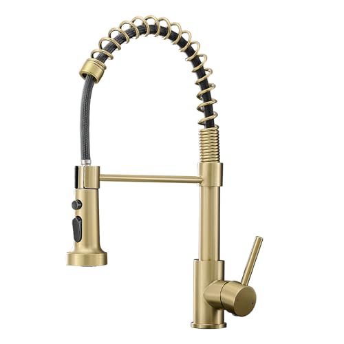 AIMADI Brushed Gold Kitchen Faucet with Pull Down Sprayer,Single Handle | One Hole Commercial Spring Design,Pull Down Sprayer,for Farmhouse Camper Bar Laundry Room - color: Brushed Gold